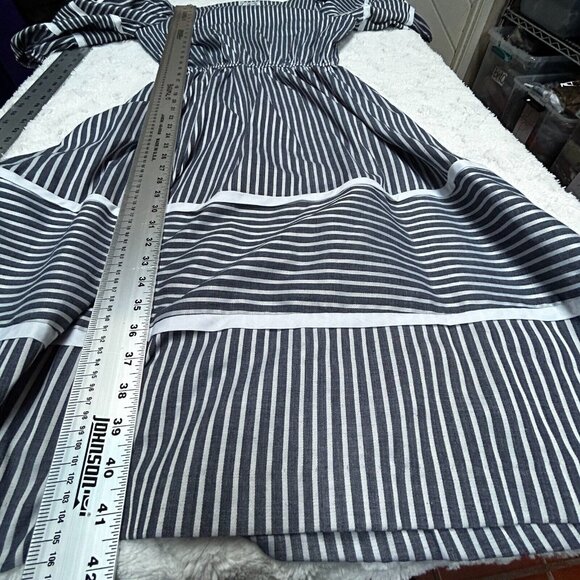 Women's Vintage Midi A-Line Dress Puff Sleeve Elastic Waist Striped Gray Size 12 - Picture 10 of 10